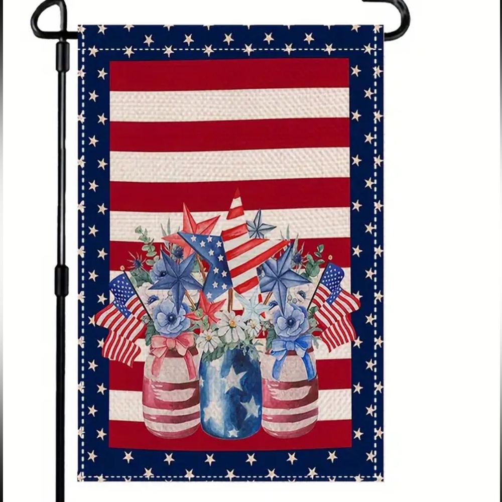 NIP Burlap Flag & Florals Jars Double Sided Garden Flag 1pc, 12” x 18” 4th July